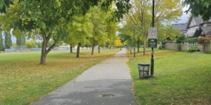 Tree-lined pathway through a park with houses on the right and large green space on the left. Tree-lined pathway through a park with houses on the right and large green space on the left.