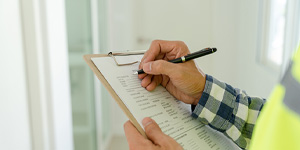 Inspector or engineer is inspecting construction and quality assurance new house using a checklist. Inspector or engineer is inspecting construction and quality assurance new house using a checklist.