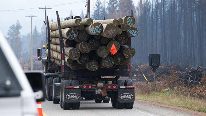 Power poles stored across B.C. for wildfire readiness. 