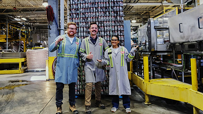 BC Hydro spokespersons Dave and Jaclyn got together with Okanagan Spring senior project manager Chris Dougherty check out the equipment at the Vernon brewery.