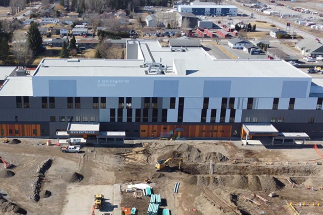 Aerial view of Mills Memorial Hospital and its surrounding construction