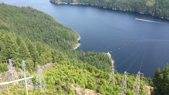 Agamemnon Channel north, showing the 138 kV and 230 kV power lines.