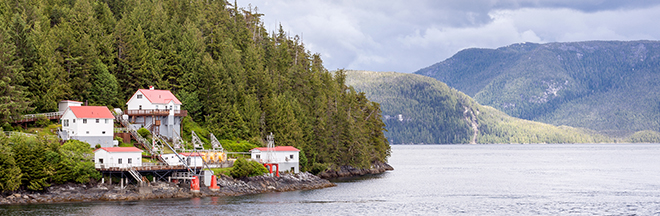 Small coastal community and harbour in Boat Bluff, B.C.