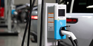 An electric vehicle is plugged in at one of the BC Hydro charging stations.