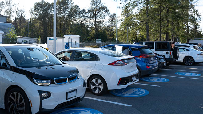 A row of electric cars plugged in to charging stations in a parking lot.