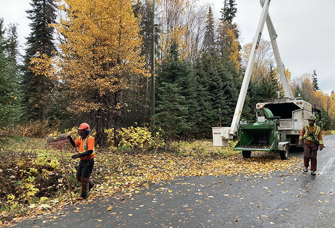 Vegetation crew using a rake chipper.