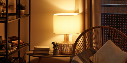 Books and lamp in reading corner.